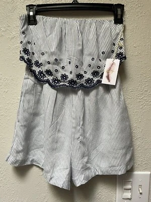 Mameluco Jessica Simpson Azul Blanco Rayas Floral Bordado Sin Tirantes XS NUEVO CON ETIQUETAS Foto 1 de 4