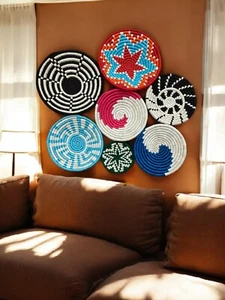 Handwoven Dry Grass Wall Baskets Bohemian Wall Art Plates Home Décor Multi 7 Pcs - Picture 1 of 6