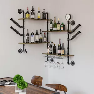Industrial Corner Pipe Wine Rack Liquor Bottle Hanging Shelves Whiskey Wall Rack - Picture 1 of 14