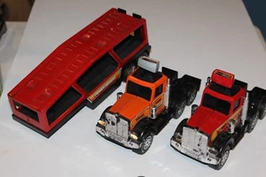 1983 1981 Buddy L Power Drivers Semi Trucks w Car Hauler Trailer Red Orange READ - Picture 1 of 17