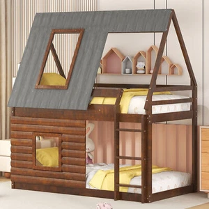Wood Twin Size House Bunk Bed with Roof, Ladder and 2 Windows, Oak & Smoky Grey - Picture 1 of 24