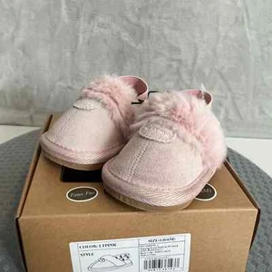 Bearpaw Baby Girl Slippers 0-6 Months Pink Suede Slip On Shoes Faux Fur NEW - Picture 1 of 5