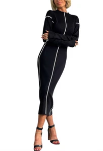 Women Long Sleeve Striped Sweater Midi Dress Ribbed Knit Slim Dress Tank Dresses - Picture 1 of 24