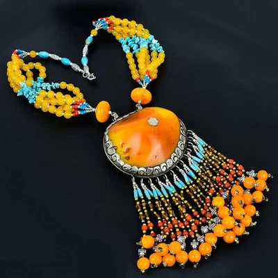 Amarillo Ámbar Turquesa Ónix Bohemio 925 Plata Esterlina Collar de Cuentas 18... - Imagen 1 de 4