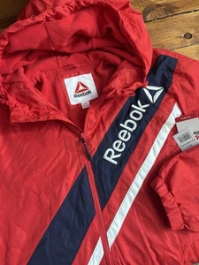 Reebok Retro Jacket Men's L Neon Red Hood Fleece Lined Windbreaker Full Zip NEW - Picture 1 of 9