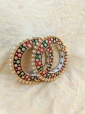 Bollywood Style Gold Plated Bridal Kundan Bangle Bracelet Chuda Enameled Jewelry - Image 1 of 4