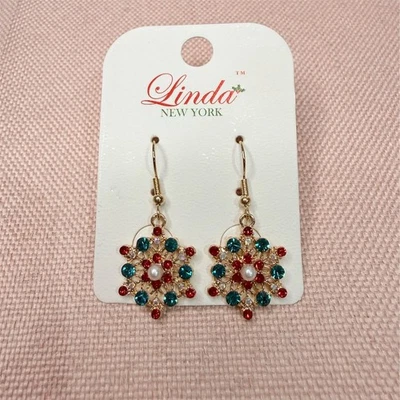  Crystal Poinsettia Christmas Dangle Earrings Red Green Crystal  Holiday gift - Image 1 of 4