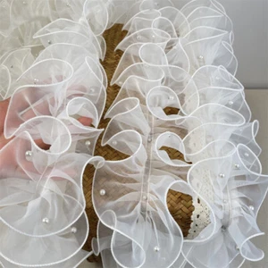 11cm Wide Ruffle Organza Lace Ribbon Trim Beads Trimming Sewing for Dress Edging - Picture 1 of 22