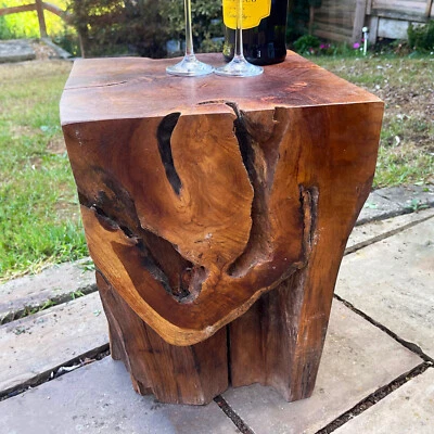 Square Teak Root Block Table Stool Carved Natural Rustic Wood Side End Furniture - Image 1 of 4