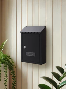 Black Post Box Wall Mounted Letter Box Steel Outdoor Mailbox Loackable with Keys - Picture 1 of 13