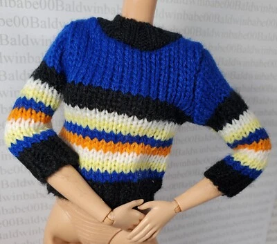 N30~ CARDIGAN ~ SUÉTER DE PUNTO A RAYAS AZUL NEGRO SE ADAPTA A MUÑECA HECHA PARA MOVER 11.5" Foto 1 de 4