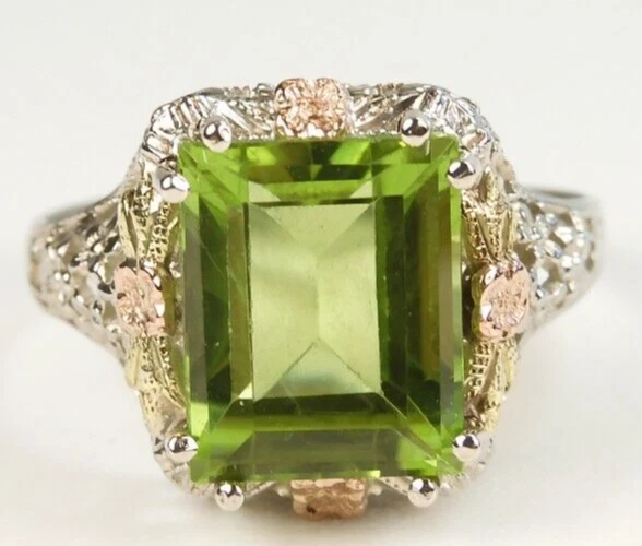 Antique A & S Natural Peridot 14K Multi-Tone Ring Size 6.75 UK-N 3.98Ct Deco - Image 1 of 4