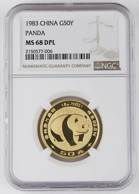 China 1983 50 Yuan 1/2 Troy Oz 999 Oro Panda Moneda NGC MS68 DPL Prueba Profunda Como Foto 1 de 4