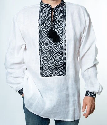 VYSHYVANKA Mens Ukrainian Embroidery LINEN White Black Wedding Satin stitch - Image 1 of 4