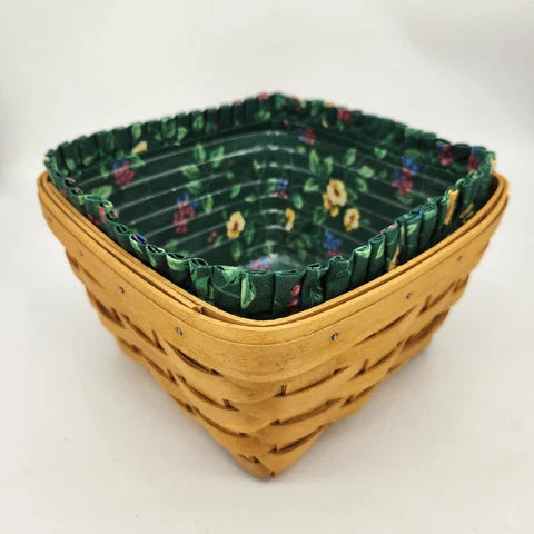 Longaberger 1998 Warm Brown Medium Berry Basket+Protector.+Emerald Vine Liner Cover