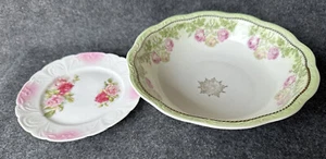 Vintage Porcelain 9.5" Serving Bowl and Coordinating 7" Plate, Pretty Pink Roses - Picture 1 of 24