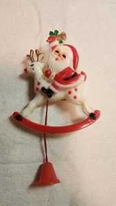 Vintage Santa Pull String Bell Moving Santa Claus Reindeer Brooch Pin - Picture 1 of 4