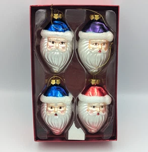Vintage 90er Ära Glas Weihnachtsmann Ornamente 4er Set rot, blau, lila mit Box - Bild 1 von 10