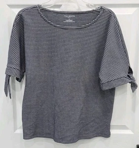 Talbots Round Neck Bow Sleeve Knit Top Women's Blue White Gingham Large Petite - Picture 1 of 11