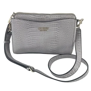 GUESS Gray Polyurethane Faux Leather Croc Embossed Crossbody Bag Pre-Owned - Picture 1 of 6