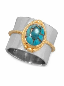 Anillo ancho turquesa con infusión de cobre diseño de cuerda chapada en oro 14k - Imagen 1 de 1