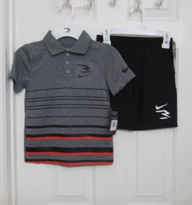 NWT 2pc Nike 3 Brand Gray Stripe Polo Shirt & Black Shorts Set sz 4 5 6 or 7 - Picture 1 of 1