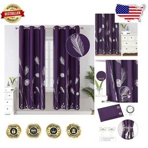 Luxurious Purple Blackout Curtains with Palm Tree Design - 72 Inch Long Set of 2 - Picture 1 of 11