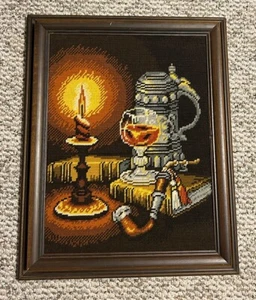 Vintage MCM Needlepoint Candles Books Pipe Mug Wine Framed - Picture 1 of 11