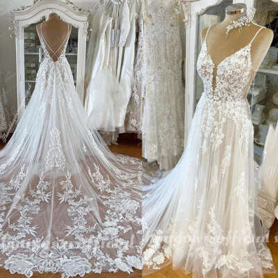 Boho White Wedding Dresses Spaghetti Straps Backless Lace Applique Bridal Gowns - Image 1 of 4