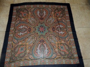 Vintage wool shawl w orange-green yellow paisley + black fringe border 46" x 46" - Picture 1 of 7