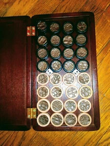 VINTAGE 32pcs Board Game Backgammon Wood Checkers Chip in BOX CUP +dice HANDMADE - Picture 1 of 12