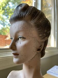 Antique Female Mannequin Bust Head Counter Display Earrings Necklaces Jewelry