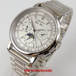 42mm Corgeut white dial date day steel strap multifunction automatic mens Watch - Picture 1 of 8
