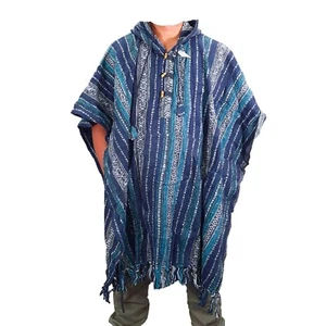 Cotton Poncho Unisex Boho Baja Shawl Festival Hippie Outdoor Surf Mexican Hood - Picture 1 of 3