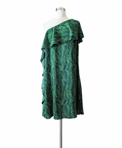 NWT MICHAEL KORS Dress Fern Print Ruffles One-Shoulder Green Blue Stretch Sz 12 - Picture 1 of 5