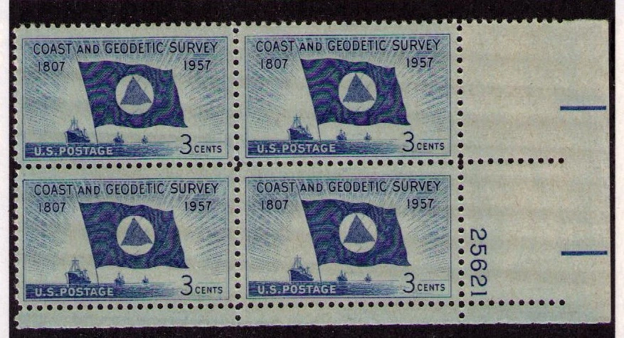US USA Sc# 1088 MNH FVF PLATE # BLOCK Coast & Geodetic Survey Ocean Flag Ships - Image 1 of 1