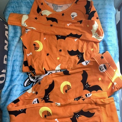 10-12 Unisex Boy Girl Halloween 2 PC Pjs Pajamas Slim Old Navy Orange Bats Skull - Image 1 of 4