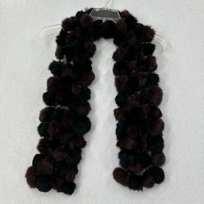 VTG Y2K Scarf Real Rabbit Fur Pom Pom OS Brown Black Wrap Luxury Old Money 55" - Image 1 of 4