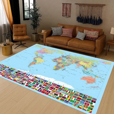 World Map Rug, Educational Decor, Kids Room, Global Map, Flag Pattern, Learning - Image 1 of 4
