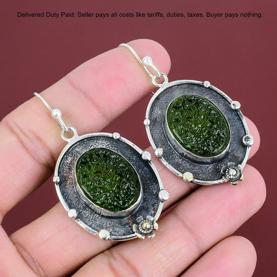 Nuevos pendientes colgantes de plata de ley 925 con aniversario de piedra moldavita Foto 1 de 1