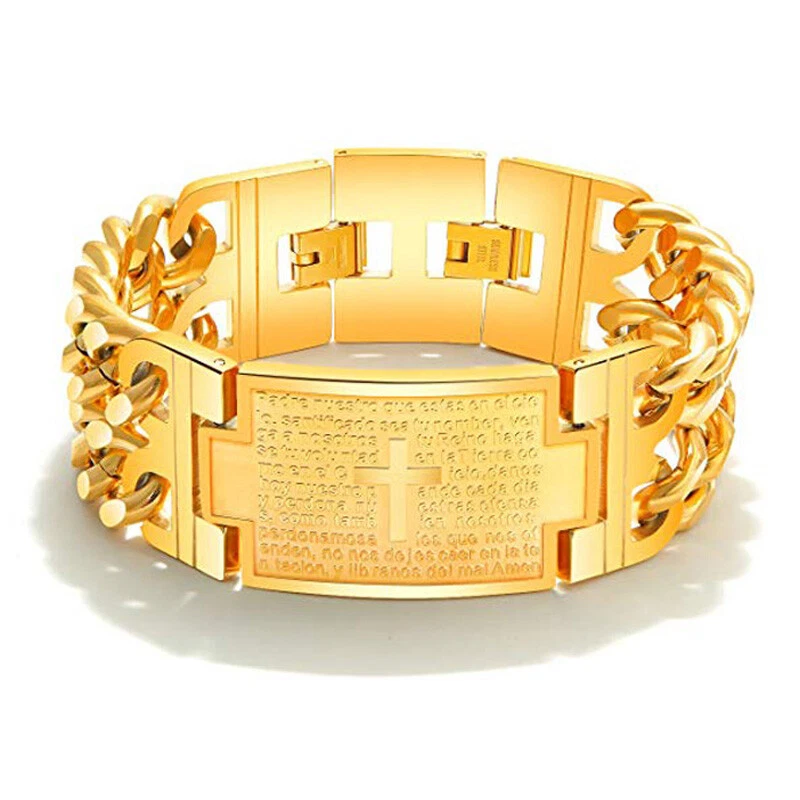 Pulsera de acero inoxidable para hombre de Navidad Cruz Biblia española señores oración eslabón muñeca Foto 1 de 4