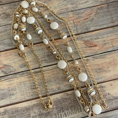Triple chain white and gold beaded enamel chain multistrand necklace  - Image 1 of 4