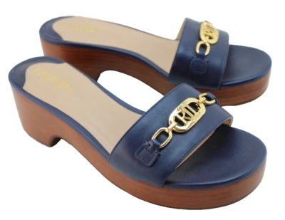 Nuevo LAUREN Ralph Lauren Roxanne Talla 8.5 B Azul Marino/Dorado Metal Logo Para Mujer Diapositivas Foto 1 de 4