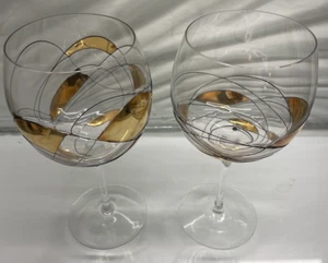 Vintage MCM Gold Mosaic Crystal Balloon Wine Glasses 8" Set of 2 - Picture 1 of 10