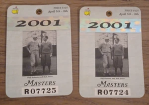 Pair Masters Badge 2001 Tiger Woods Champion Augusta National Ticket Consecutive - Picture 1 of 2
