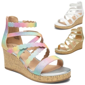 Kids Girls Sandals 2.36-inch Wedge Heel Zip Ankle Strap Summer Sandals - Picture 1 of 15