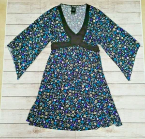 BISOU BISOU MEDIUM MD BLUE BLACK V NECK TIE BACK KIMONO SLEEVE DRESS  - Picture 1 of 7