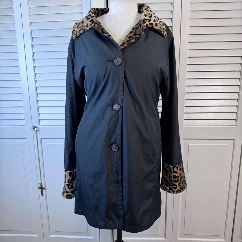 DENNIS BASSO TALLA GRANDE 2X REVERSIBLE FELPA LEOPARDO Y GABARDINA NEGRA MOB ESPOSA Foto 1 de 4