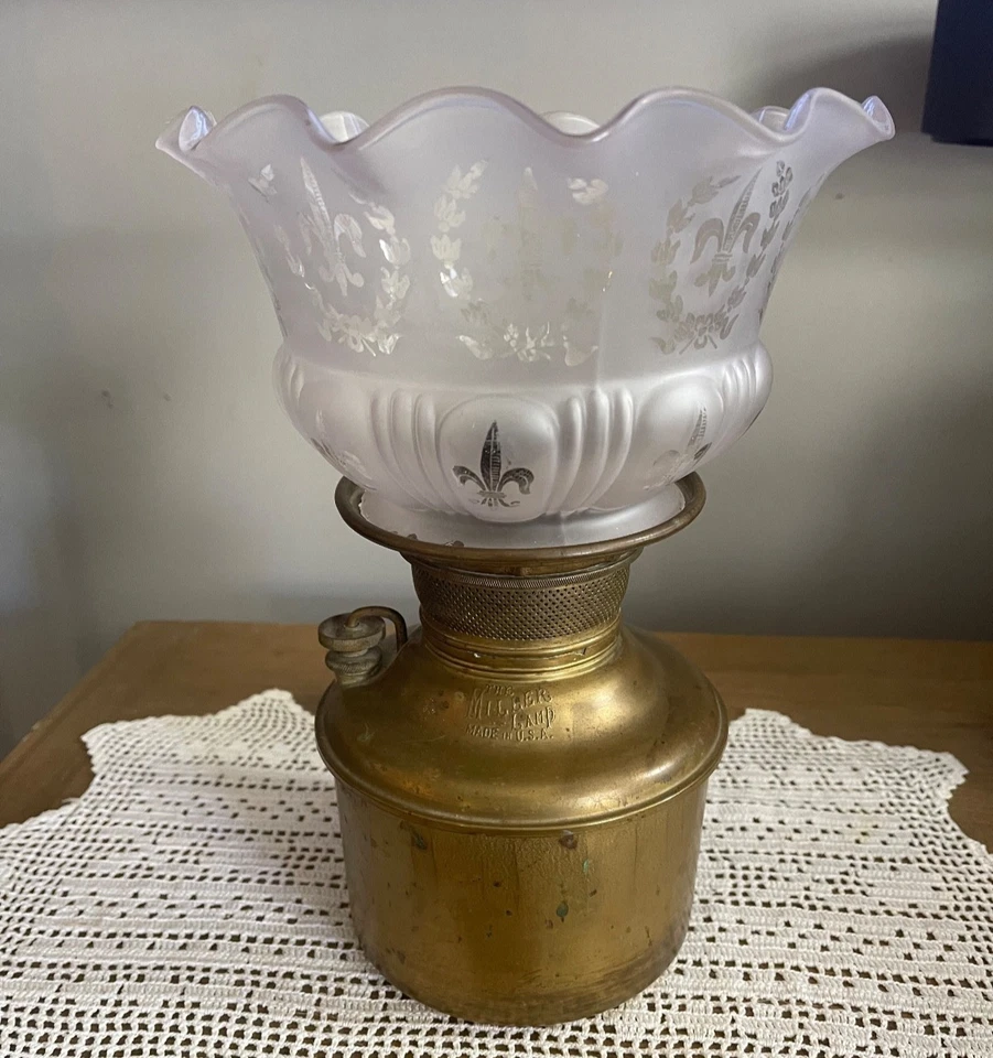 Antique Miller Brass Oil Lamp The Miller Lamp Made in USA With Etched Glass - Image 1 of 4