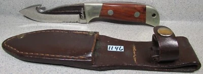 Cuchillo de cinturón antiguo CABELA'S ROSEWOOD mango gancho intestinal con funda de cuero a juego Foto 1 de 4